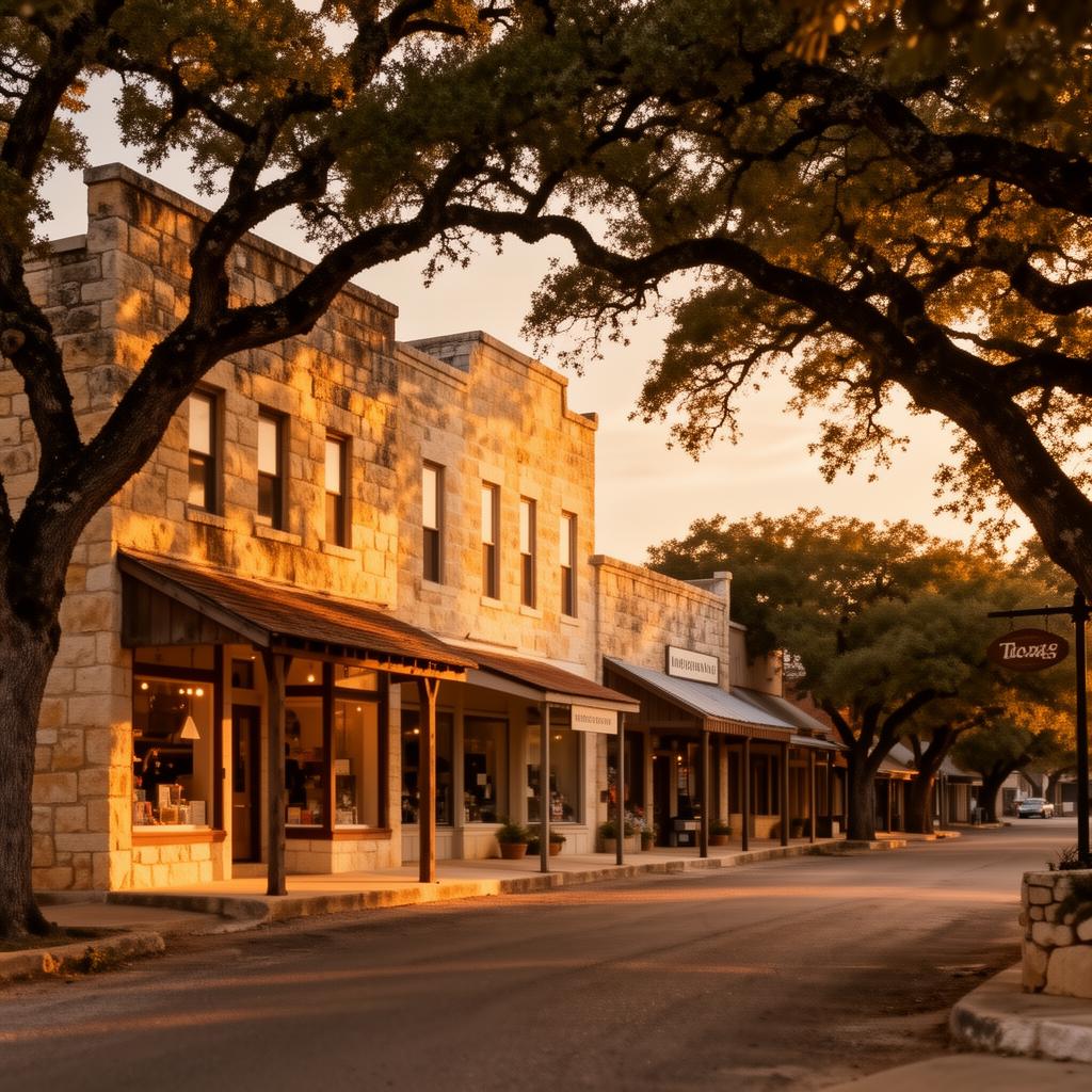 A small Texas Hill Country main street with limestone storefronts at golden hour