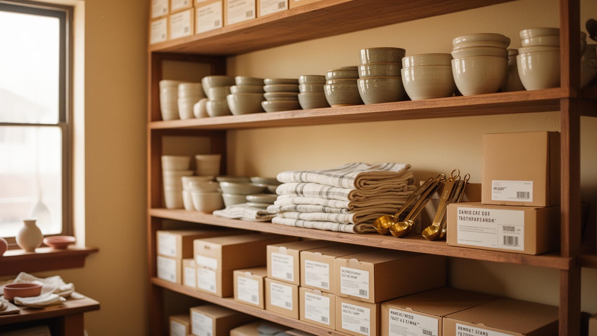 Wooden warehouse shelves stocked with ceramics, linens, and labeled boxes at the Ajnas Traders facility in San Antonio, Texas