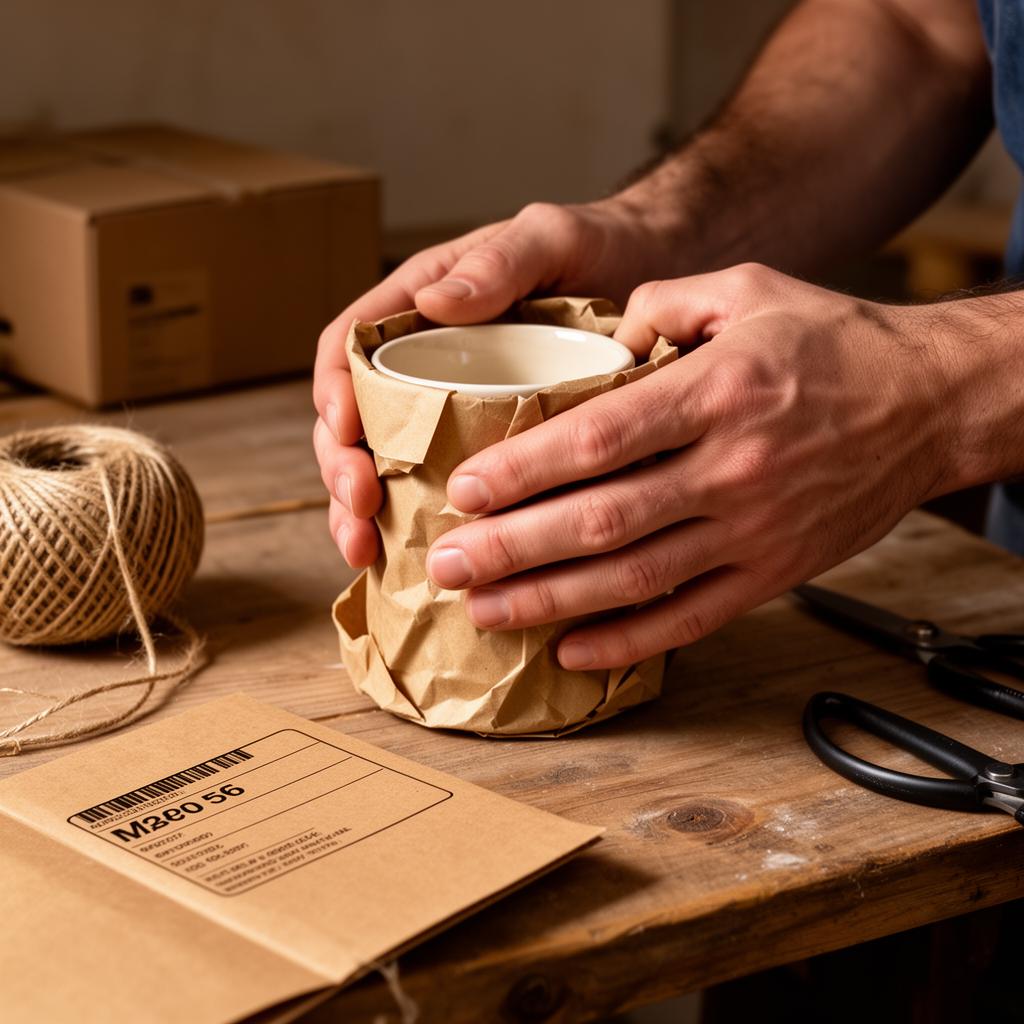 Hands wrapping a ceramic mug in kraft paper on a wooden packing table